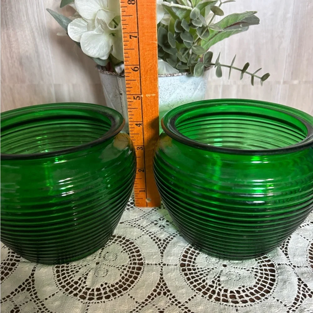 National Pottery Green Ribbed Beehive Pattern Glass Vase Duo Vintage Mid Century